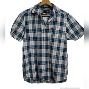 💲1️⃣ Hurley Blue/Grey/White Plaid Button-down Short-sleeved Shirt Size Small